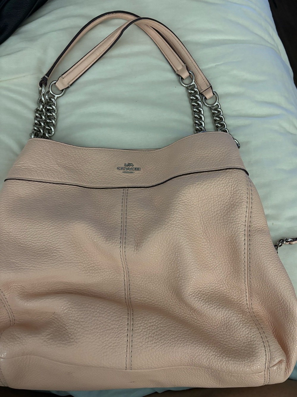 Coach Pebbled Leather Shoulder Bag in Blush Pink with Silver Chain